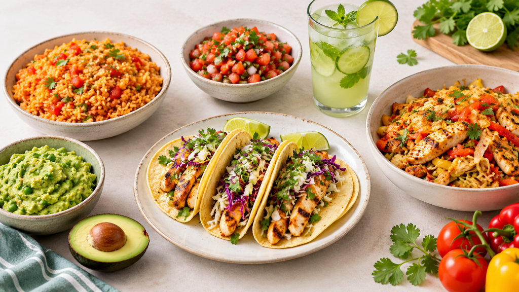 A table spread of flavorful dishes showcasing healthy options from Kidney-Friendly Hispanic Recipes.