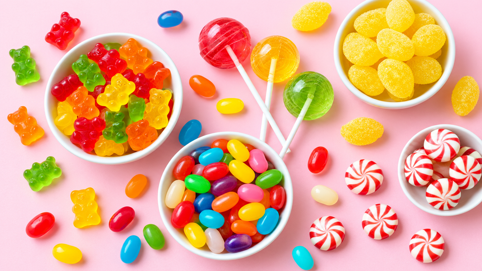 Colorful dialysis-friendly candies, including gummy bears, clear lollipops, lemon drops, jelly beans, and peppermint sweets arranged on a soft pastel pink background.
