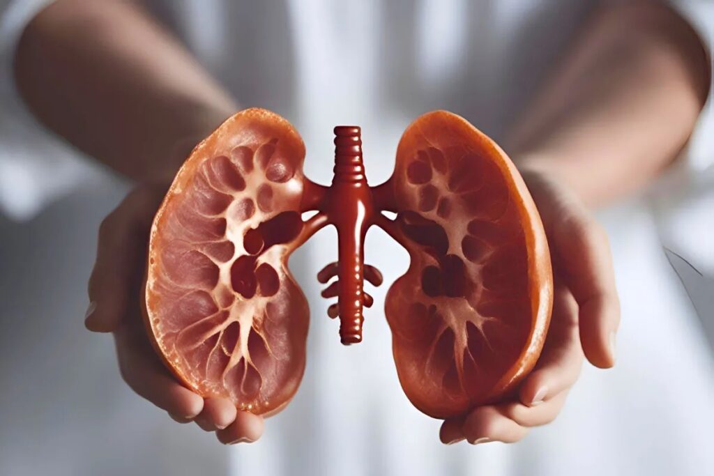 Hands holding a realistic anatomical kidney cross-section model used in hemodialysis patient education.