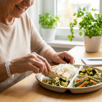 An older woman in a beige top enjoying a healthy home-prepared meal, demonstrating practical nutrition for dialysis patients.