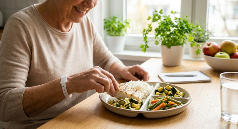 An older woman in a beige top enjoying a healthy home-prepared meal, demonstrating practical nutrition for dialysis patients.