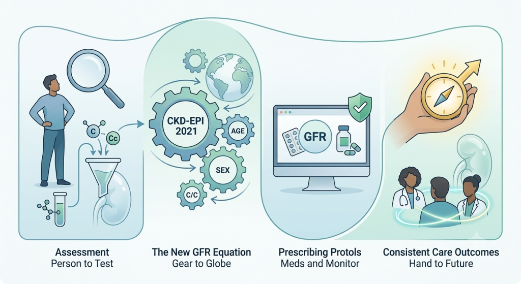 Diagram showing diagnostic testing, the CKD-EPI 2021 formula, and clinical workflows supporting accurate Kidney Function Estimation.