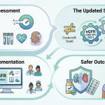 Infographic illustrating clinical assessment, CKD-EPI 2021 equations, and electronic health records for Kidney Function Estimation and safer dosing.