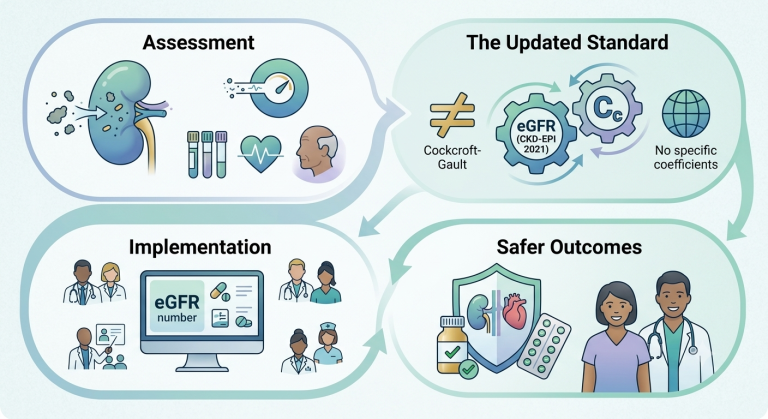 Infographic illustrating clinical assessment, CKD-EPI 2021 equations, and electronic health records for Kidney Function Estimation and safer dosing.