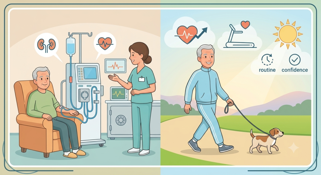 A diagram comparing a hemodialysis session to a patient walking his dog, illustrating that Physical Activity for Hemodialysis Patients is part of a balanced routine.