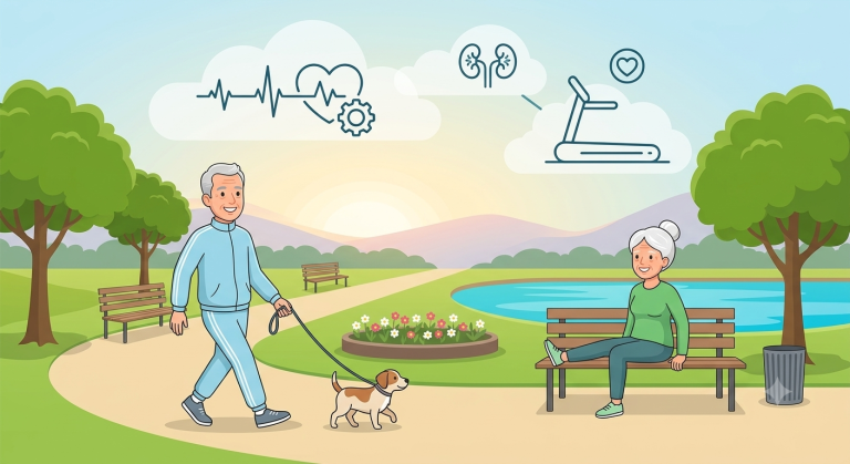 A medical illustration contrasting a dialysis treatment with a smiling patient exercising, highlighting how Physical Activity for Hemodialysis Patients builds cardiac fitness and confidence.