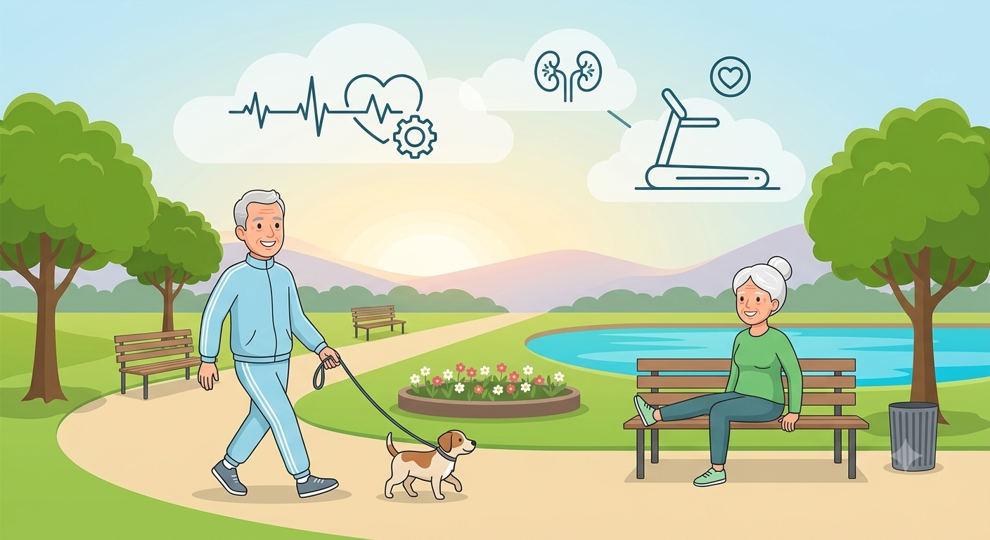A medical illustration contrasting a dialysis treatment with a smiling patient exercising, highlighting how Physical Activity for Hemodialysis Patients builds cardiac fitness and confidence.